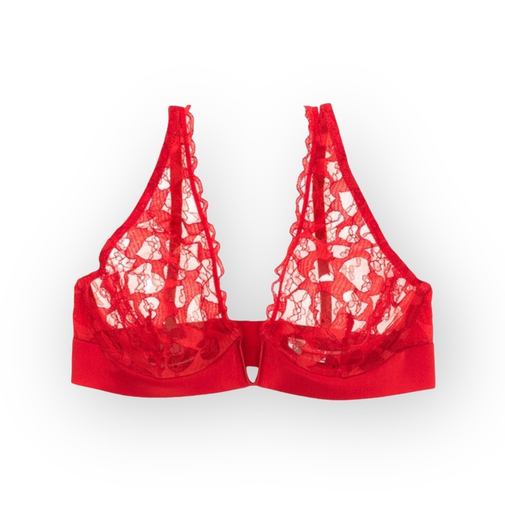 new Mimi Holliday ❤︎ Poison Ivy V Plunge ❤︎ Heart Shaped Lace Bra ❤︎ Scarlet Red - Picture 6 of 17
